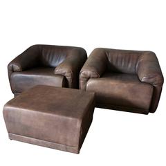 Chocolate Buffalo Leather Pair Club Chairs with Hocker, style of DeSede, 1970