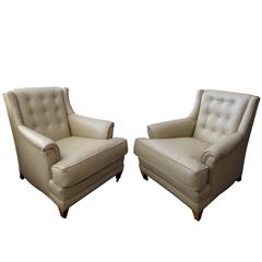 Vintage Stylish Pair of American 'His & Hers' Club Chairs w New Tan Leather Upholstery