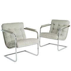 Pair of Milo Baughman Style Cantilevered Tufted Lounge Chairs