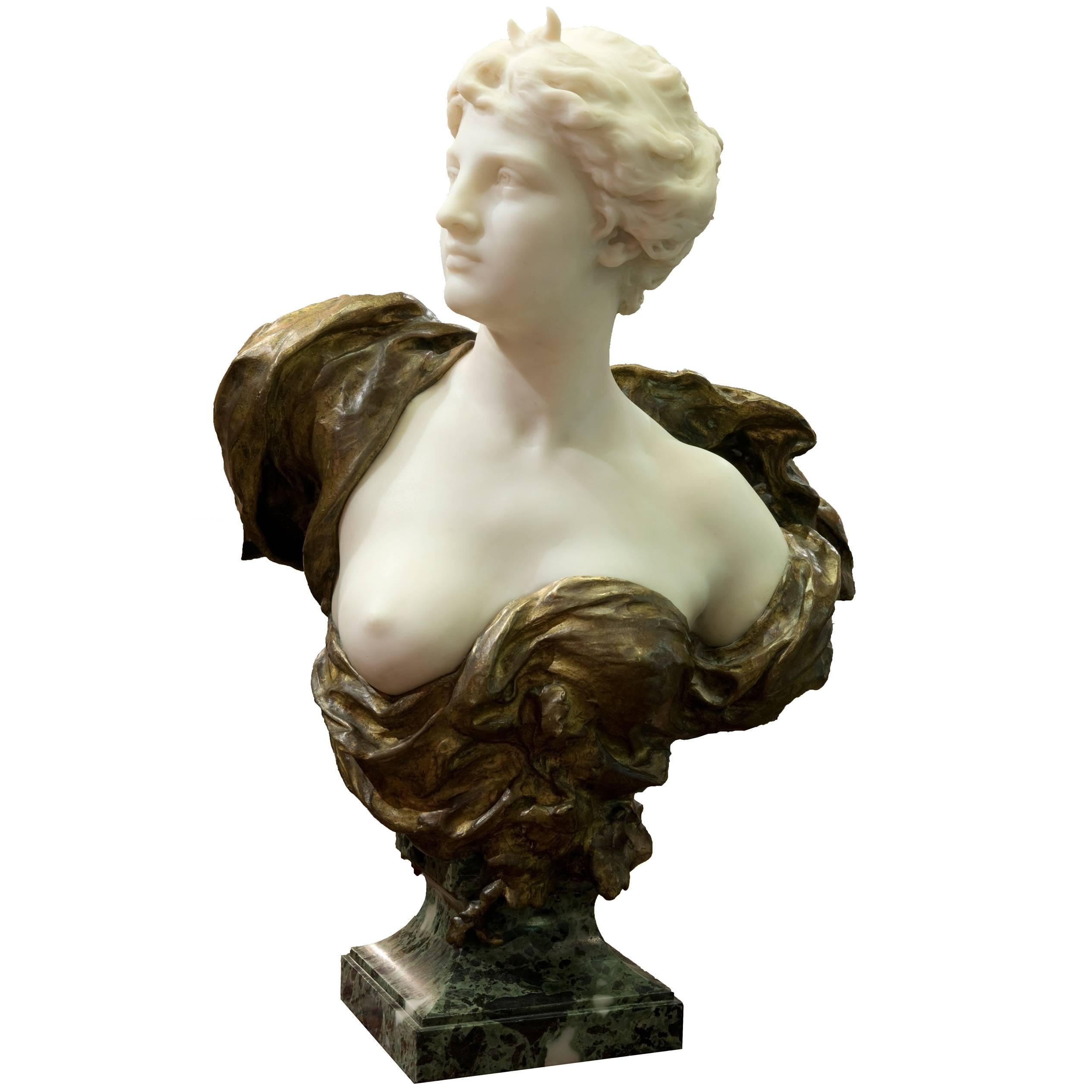 19th Century French Ormolu and White Marble Bust of Diana by Henri Weigéle
