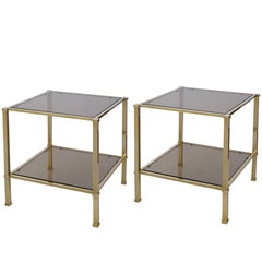 Good Quality Pair of French 1970s Solid Brass & Smoked Glass Square Side Tables