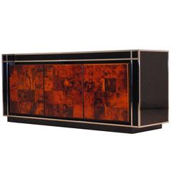 Double Sided Burl Wood, Chrome and Lacquer Sideboard, Italy, 1970s