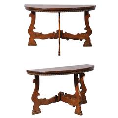 Pair of Italian Walnut Demilune Consoles, circa 1890