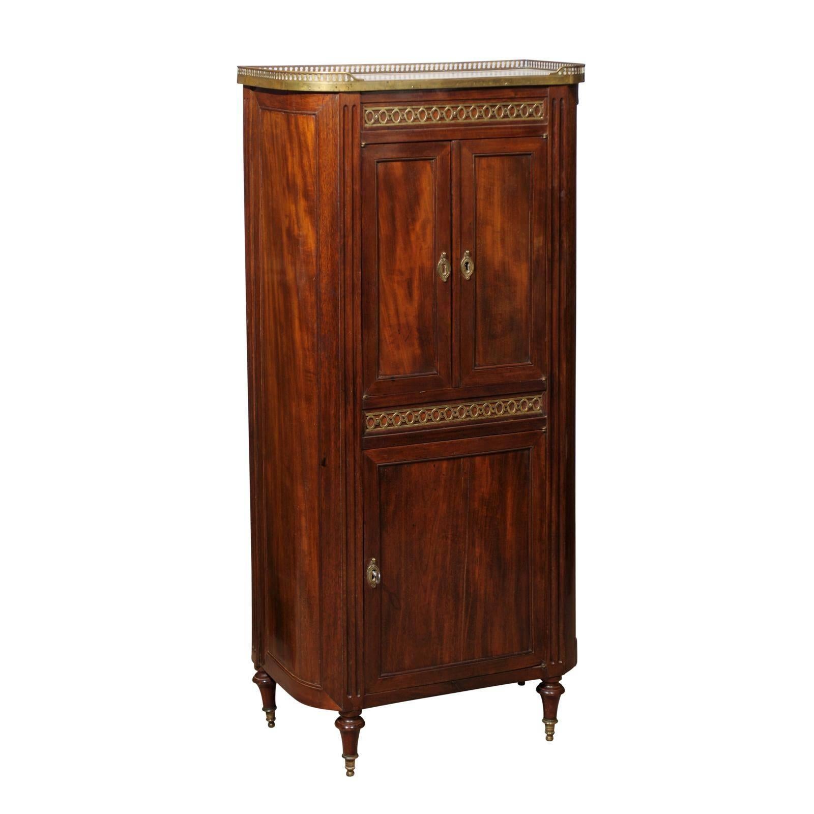 Louis XVI Mahogany Cabinet with Marble Top and Brass Gallery, France, circa 1800 For Sale
