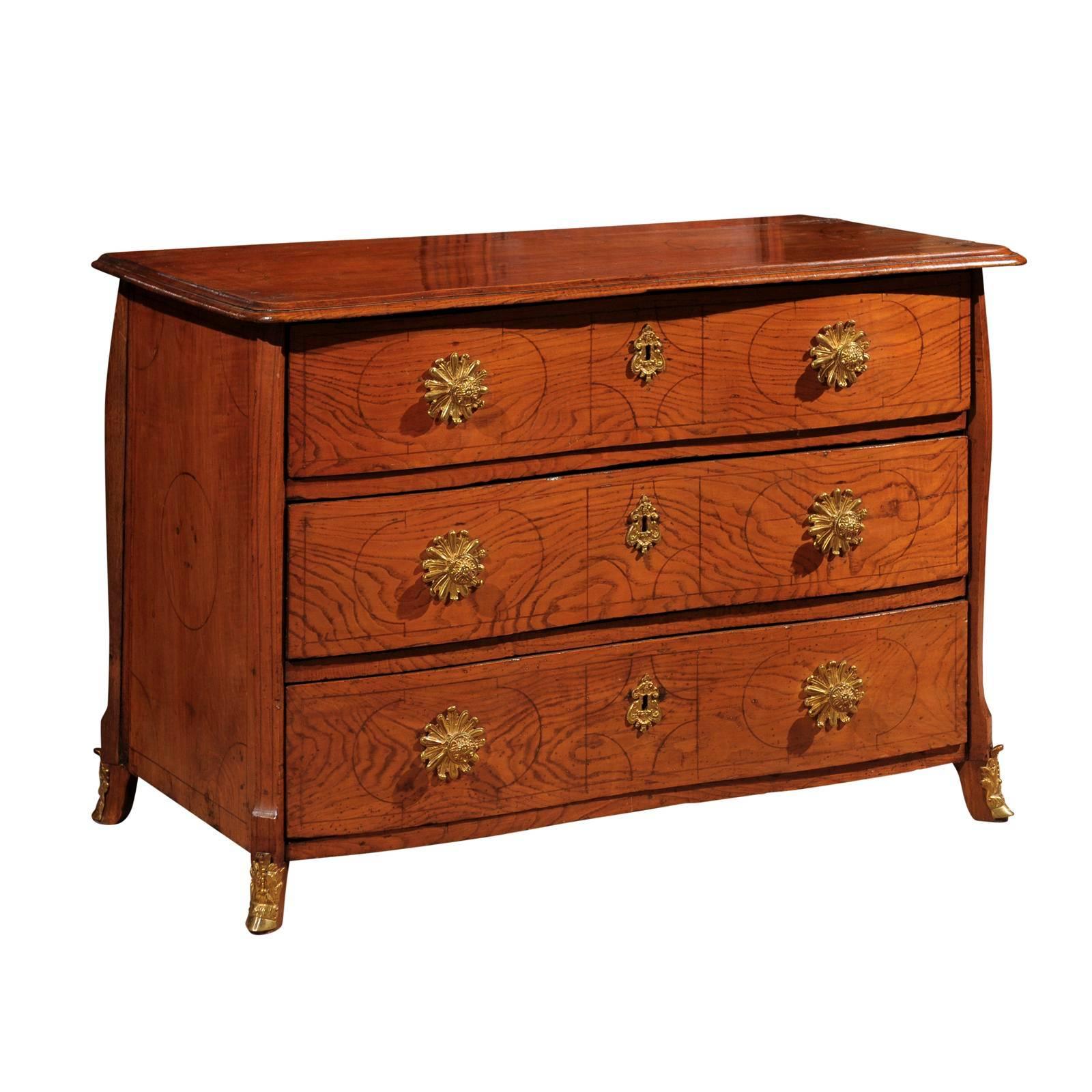 18th Century Swedish Oak Commode with Serpentine Front and Inlaid Designs For Sale