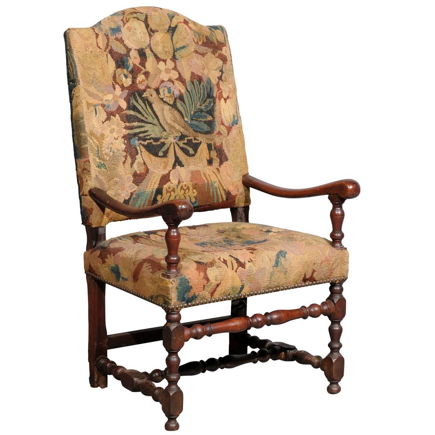 18th Century French Louis XIII Style Walnut Fauteuil in Tapestry Upholstery