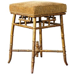 Italian Gilt Iron Faux-Bamboo Stool with Animal Print Upholstery from the 1950s