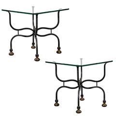 Pair of English Iron, Glass Top and Brass Feet Side Table from the Mid Century