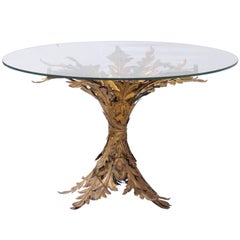 Italian Mid-20th Century Gilt Metal Leaf Pedestal Round Table with Glass Top