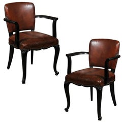 Pair of French 1920s Art Deco Armchairs with Ebonized Wood and Original Leather