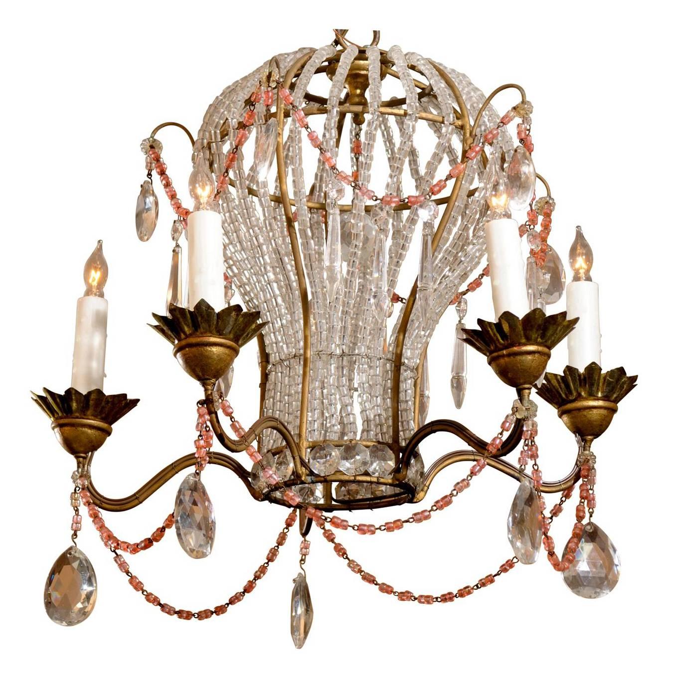 French Five-Light Balloon Shape Crystal and Glass Chandelier with Colored Beads