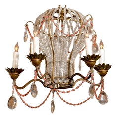 French Five-Light Balloon Shape Crystal and Glass Chandelier with Colored Beads