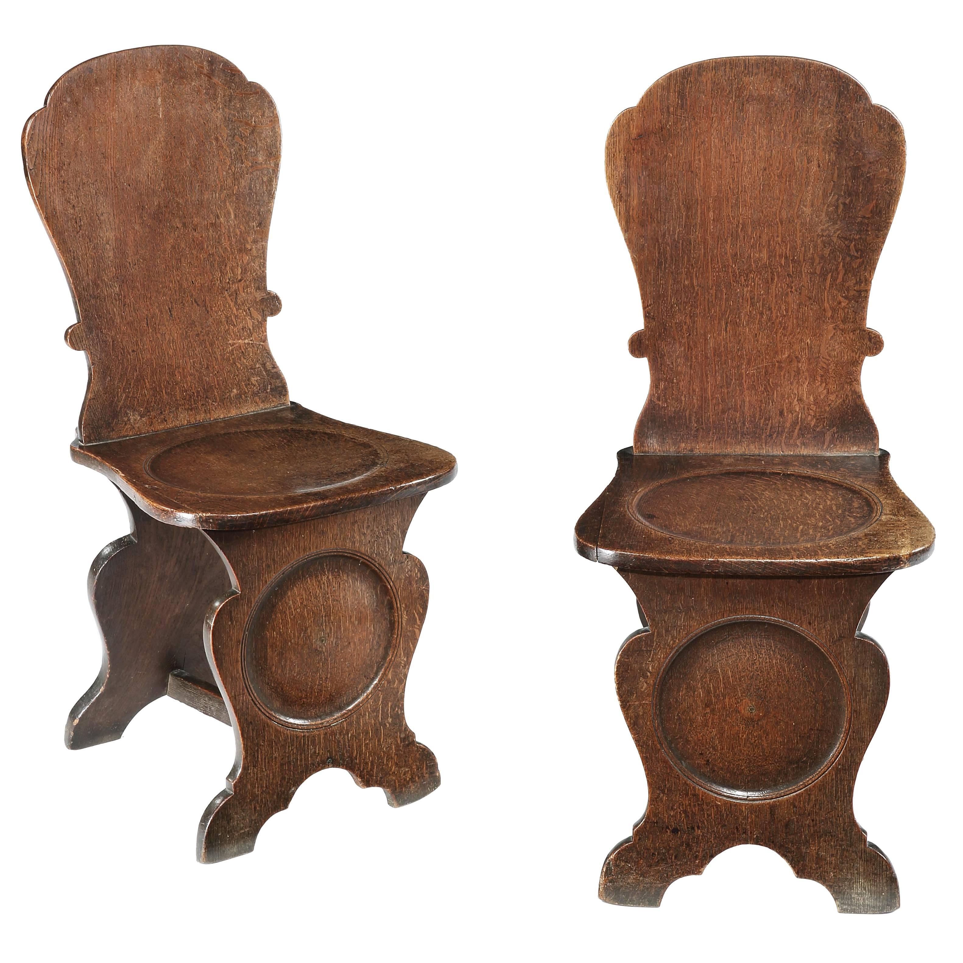 Fine Pair of George II Oak Hall Chairs For Sale