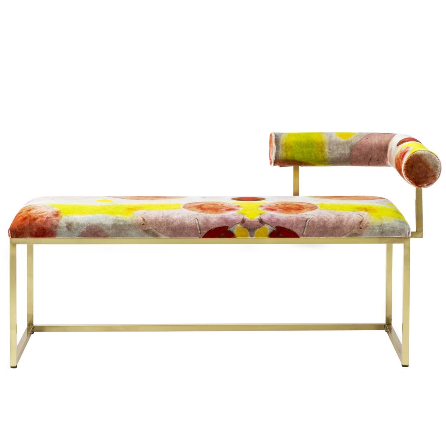 21st Century Awaiting - L Bench Printed Velvet and Brass For Sale