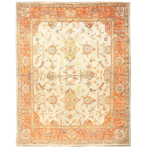 Large Ivory Background Antique Turkish Oushak Oriental Rug Size 12 Ft X 15 Ft For Sale At 1stdibs