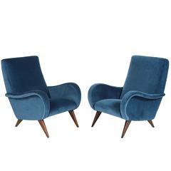 Pair of Mid-Century Italian Marco Zanuso style Armchairs in Blue Velvet