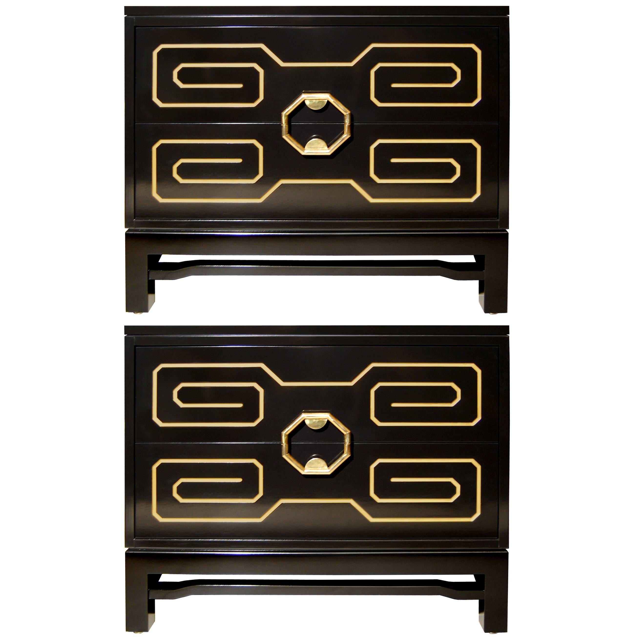 Pair of Black Lacquer and Brass Side Tables For Sale