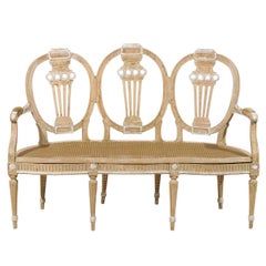 Italian Antique Neoclassical Carved Three-Chair Back Settee w/Hand-Caned Seat
