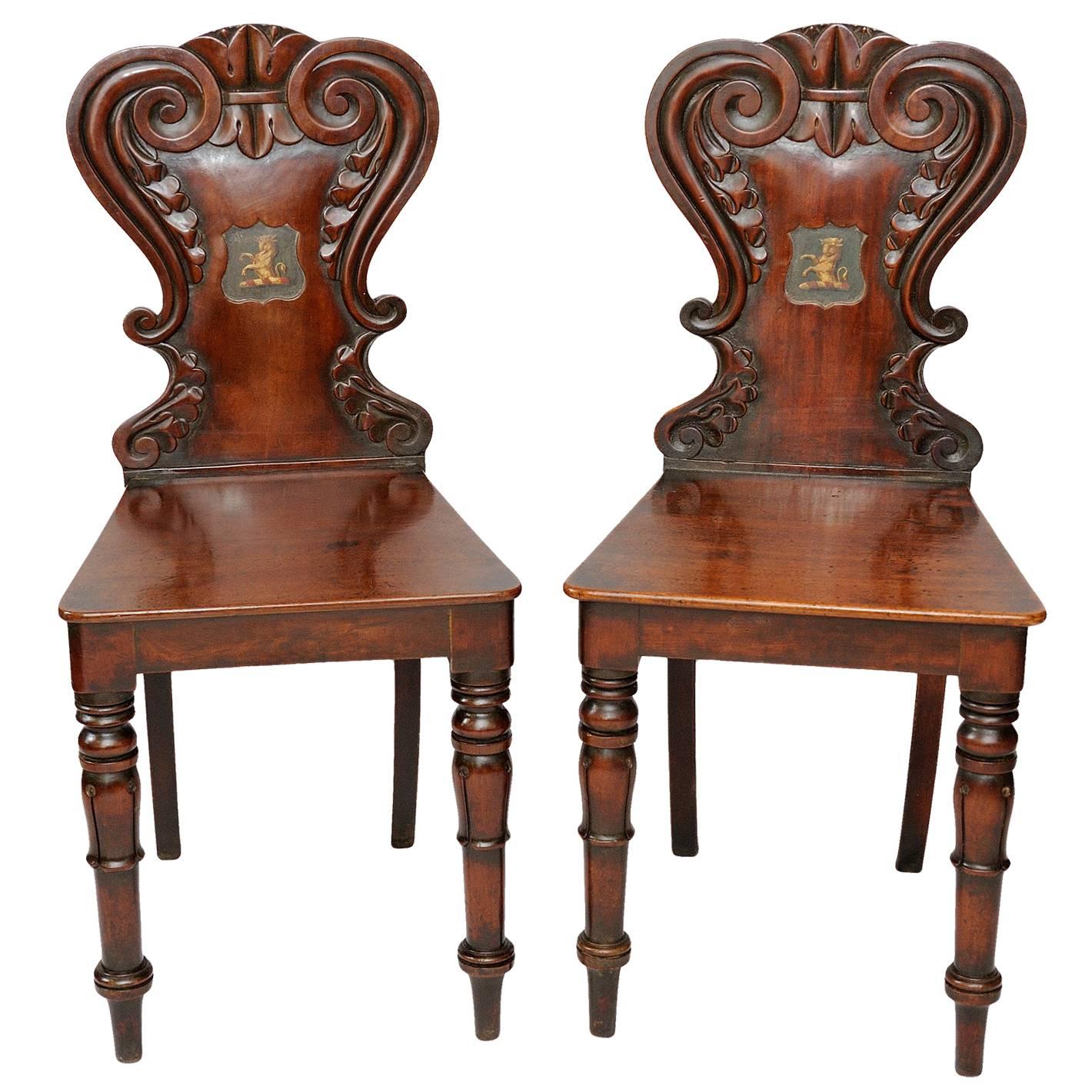 Pair of Late Regency English Mahogany Hall Chairs, circa 1830 For Sale