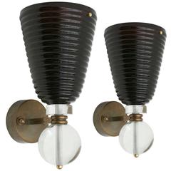 Italian Art Deco Deep Red Glass and Brass Wall Sconces with Crystal Balls