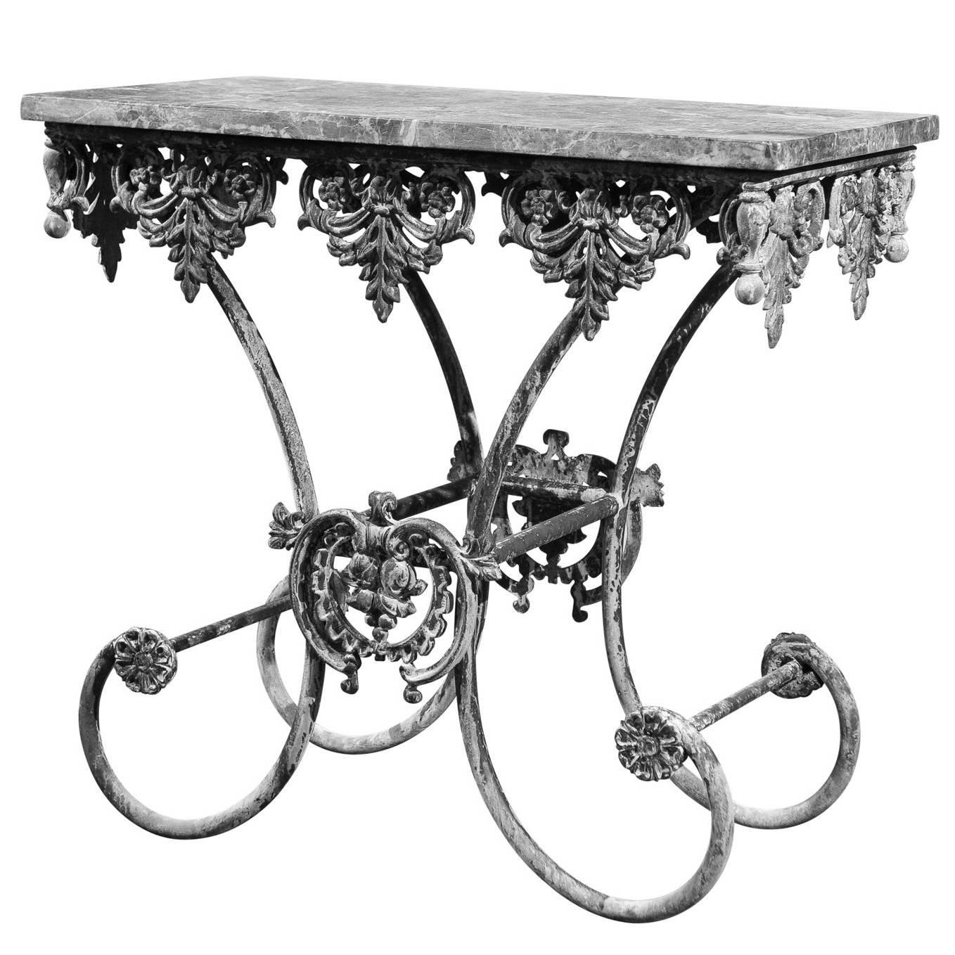 French Style Pastry Table with Iron Base and Marble Top