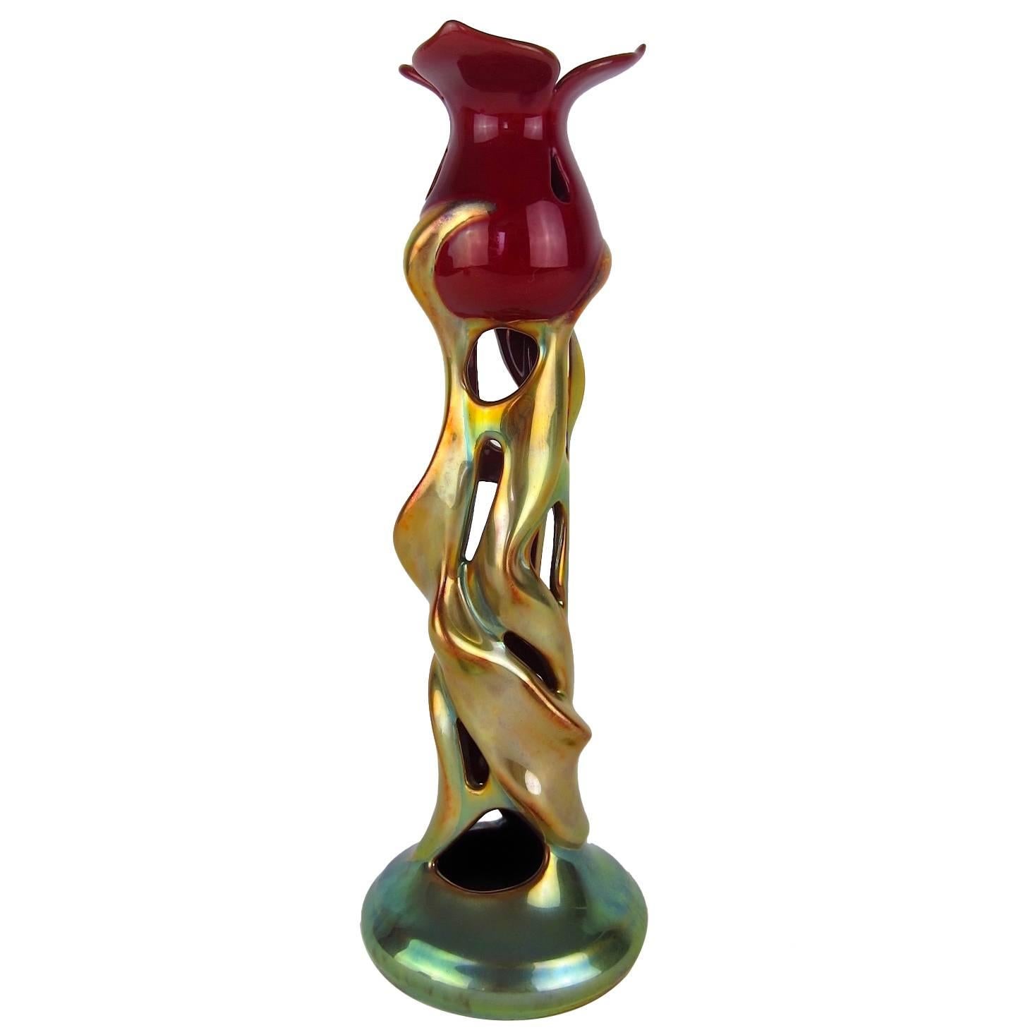 Zsolnay Art Nouveau Porcelain Tulip Candlestick with Eosin Glaze