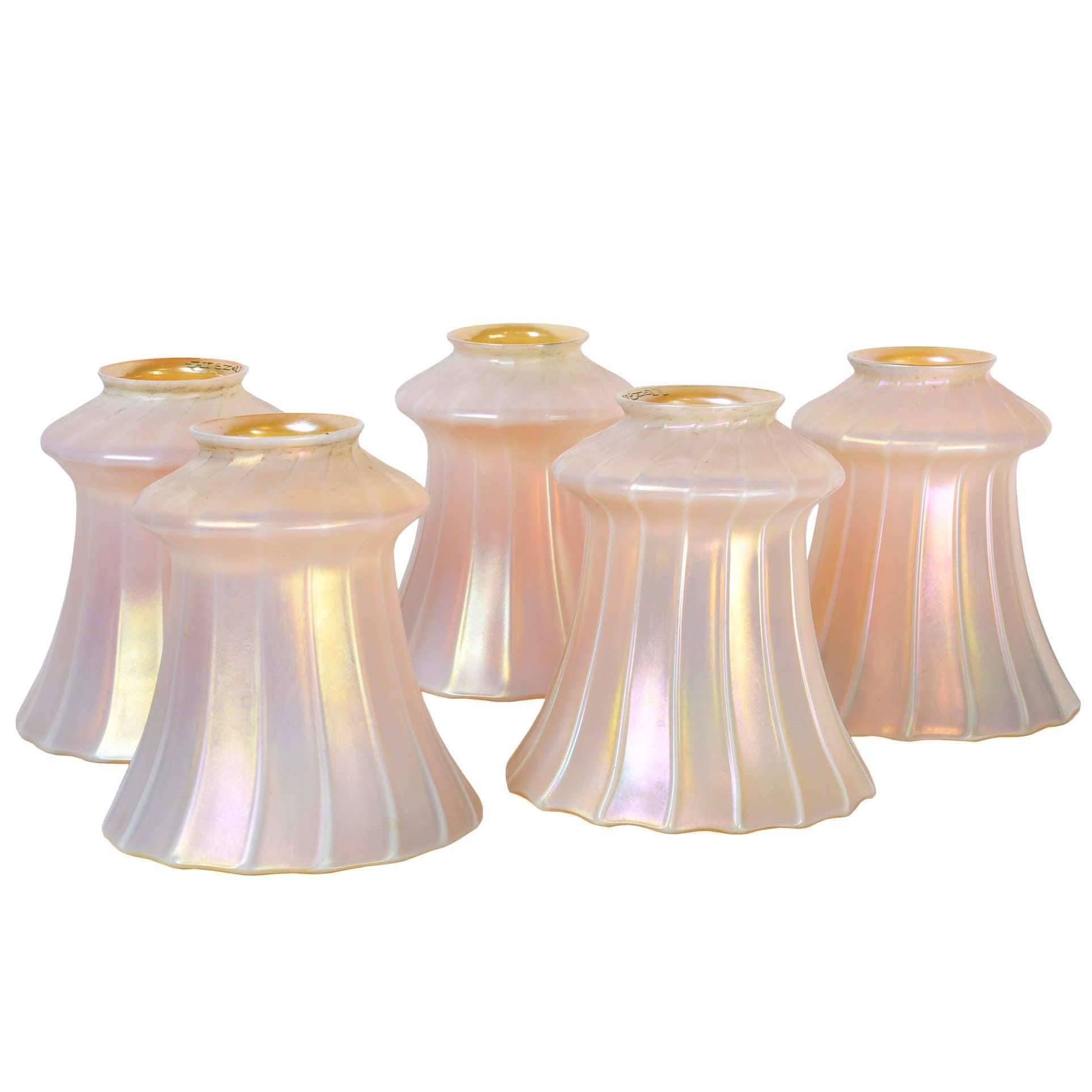 Beautiful Set of Five Signed Quezal Calcite and Aurene Art Glass Shades