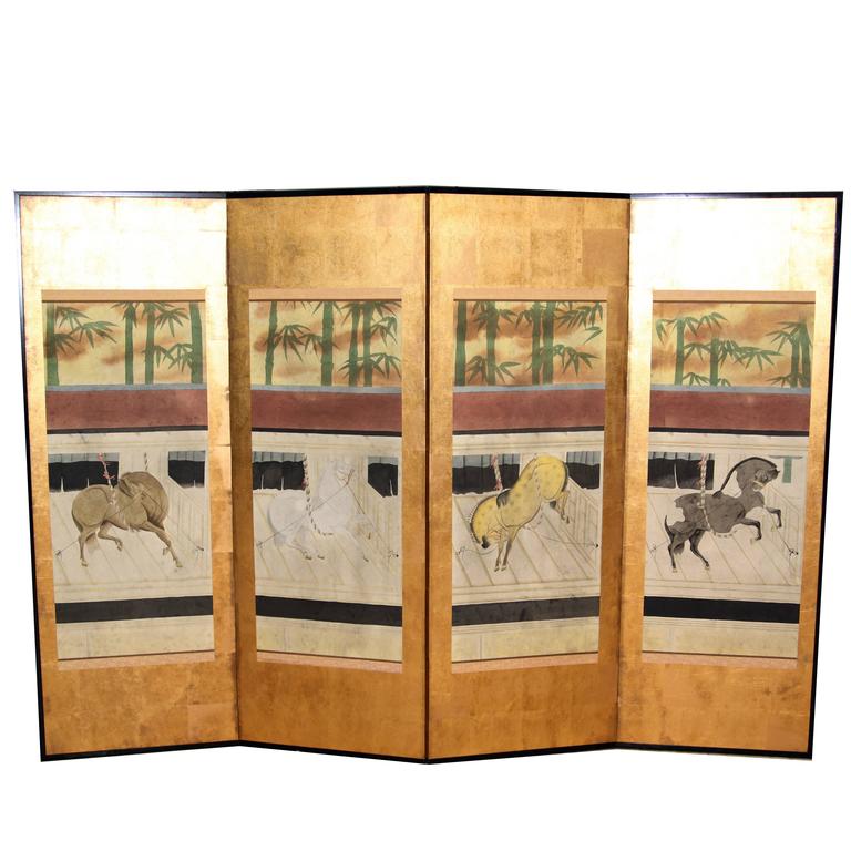 HandPainted Japanese Folding Screen 'Byobu' Ponies Painting