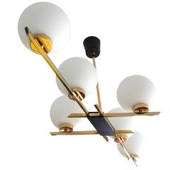 Large French Glass and Brass Chandelier, 1960s Stilnovo Style Pendant Lamp 6