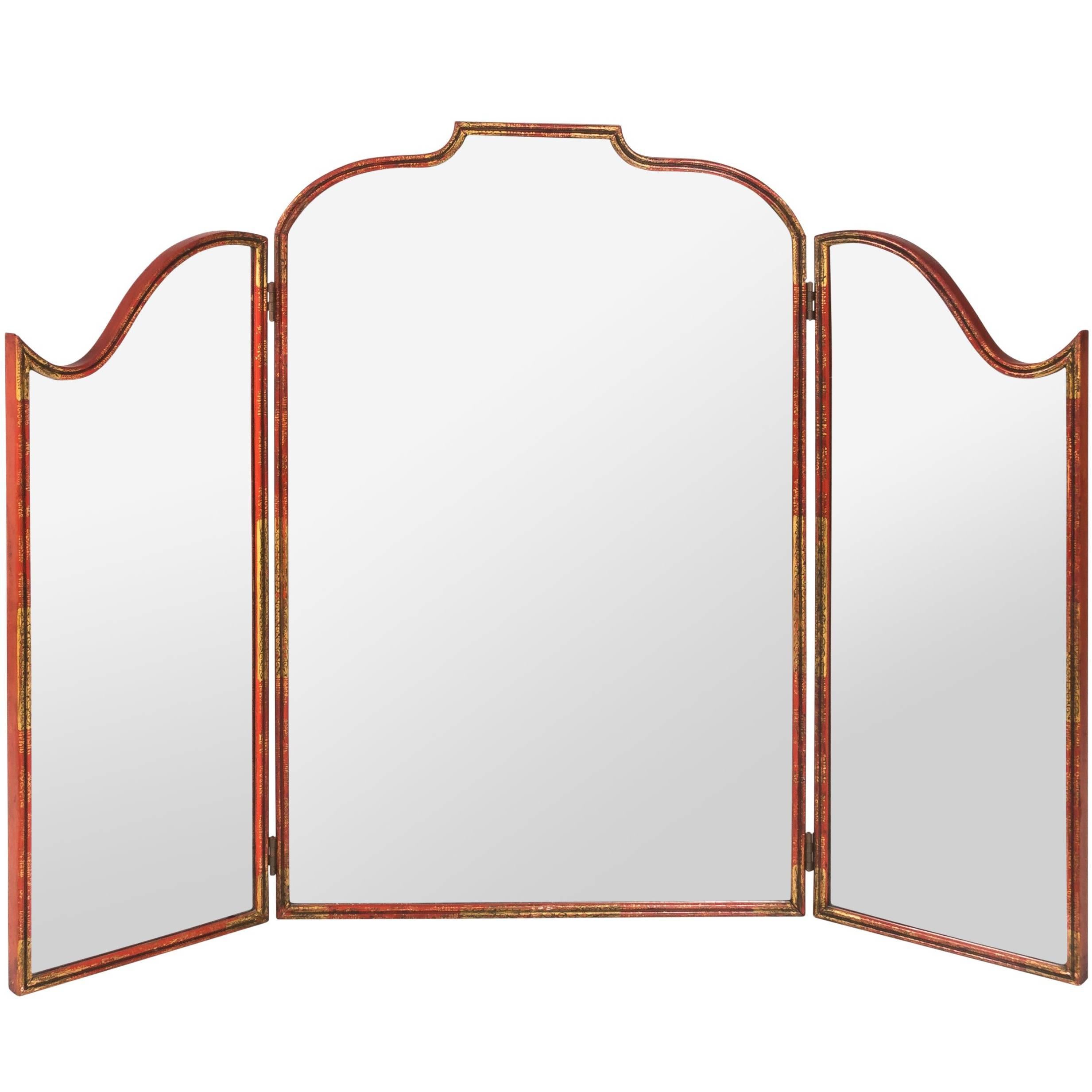 Red Painted Chinoiserie Tri-Fold Vanity Mirror