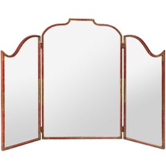 Vintage Red Painted Chinoiserie Tri-Fold Vanity Mirror