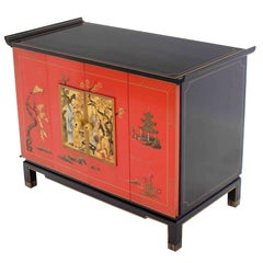 Black Red Lacquer Two Tone Cabinet Bachelor Chest Rolled Edge bracket Feet