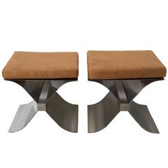 1970s, Francois Monnet, Kappa, Pair of Stainless Steel X-Leg Stools, Suede Seat