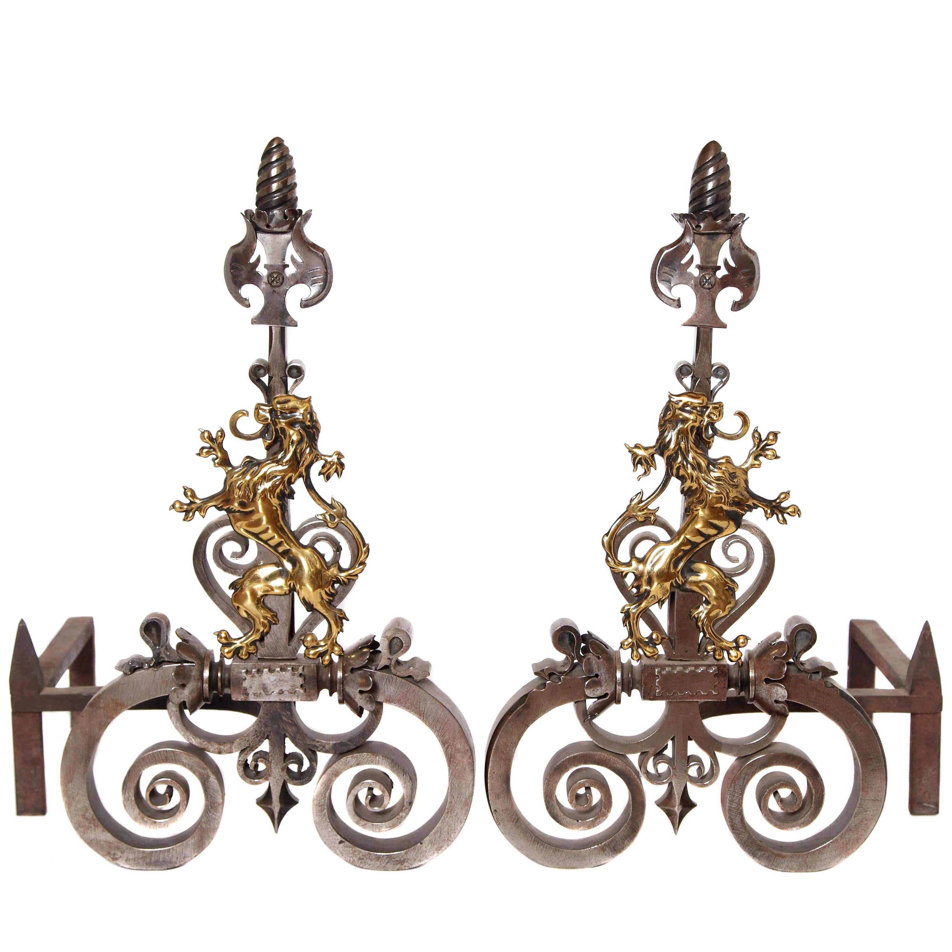 Pair of Hand-Wrought Andirons with Bronze Dragons For Sale
