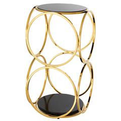 Side Table Rings in Gold Finish with Black Glass Top and Marble Base