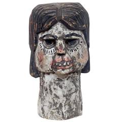 American Folk Outsider Art Carved and Painted Wood Head Sculpture of a Woman