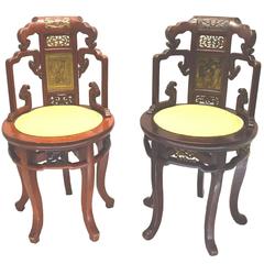 Rare Pair of Antique Chinese Hsien Feng Period Carved Lacquer Chairs; circa 1865