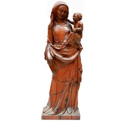 Large Early 19th Century Italian Carved Oakwood Statue of the Madonna and Child