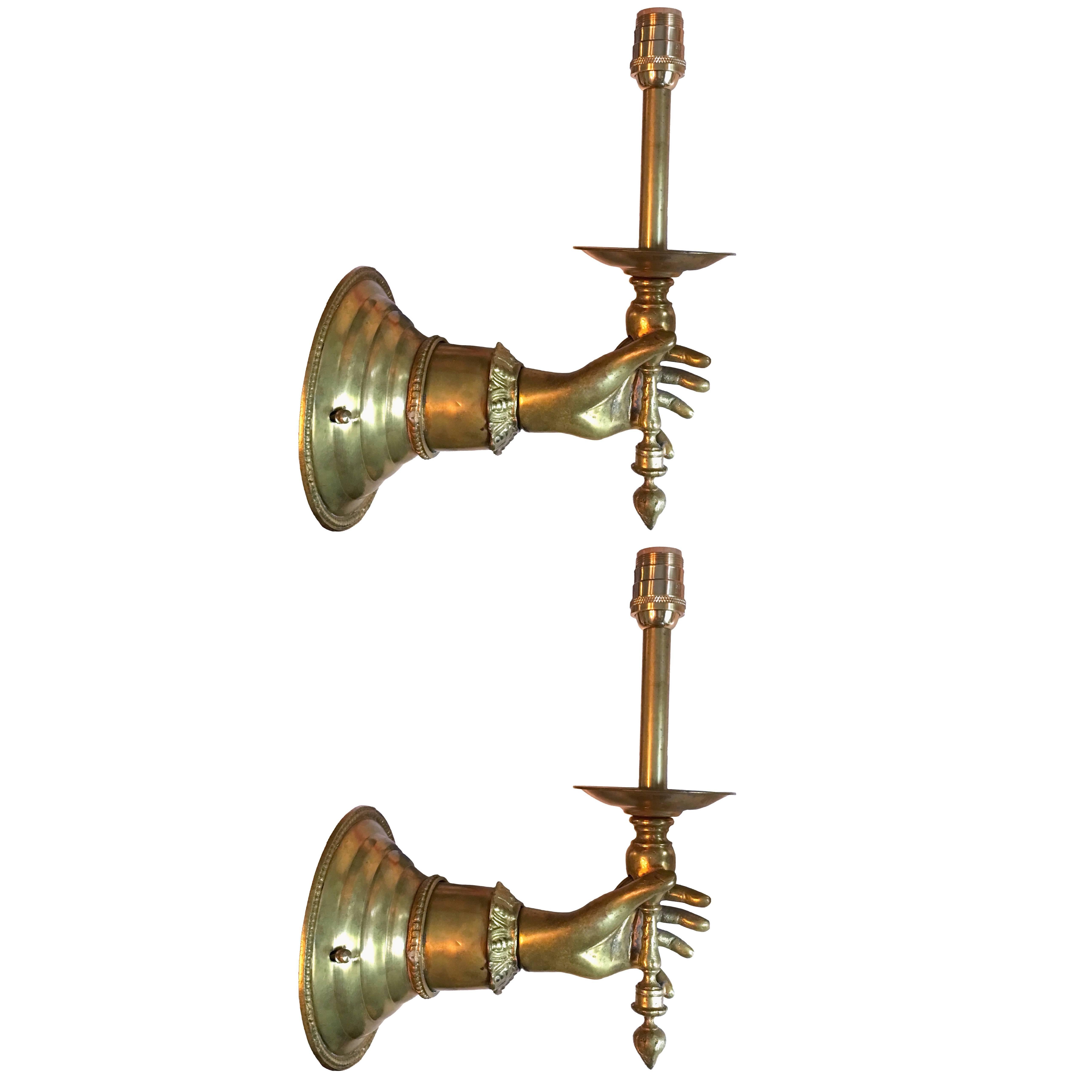 Pair of 1880s Victorian Brass Hand Sconces