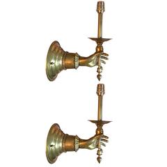 Antique Pair of 1880s Victorian Brass Hand Sconces