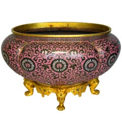 Antique Pink Oval Cloisonne Centerpiece Bowl on Gilt Bronze Base for Chinese Market