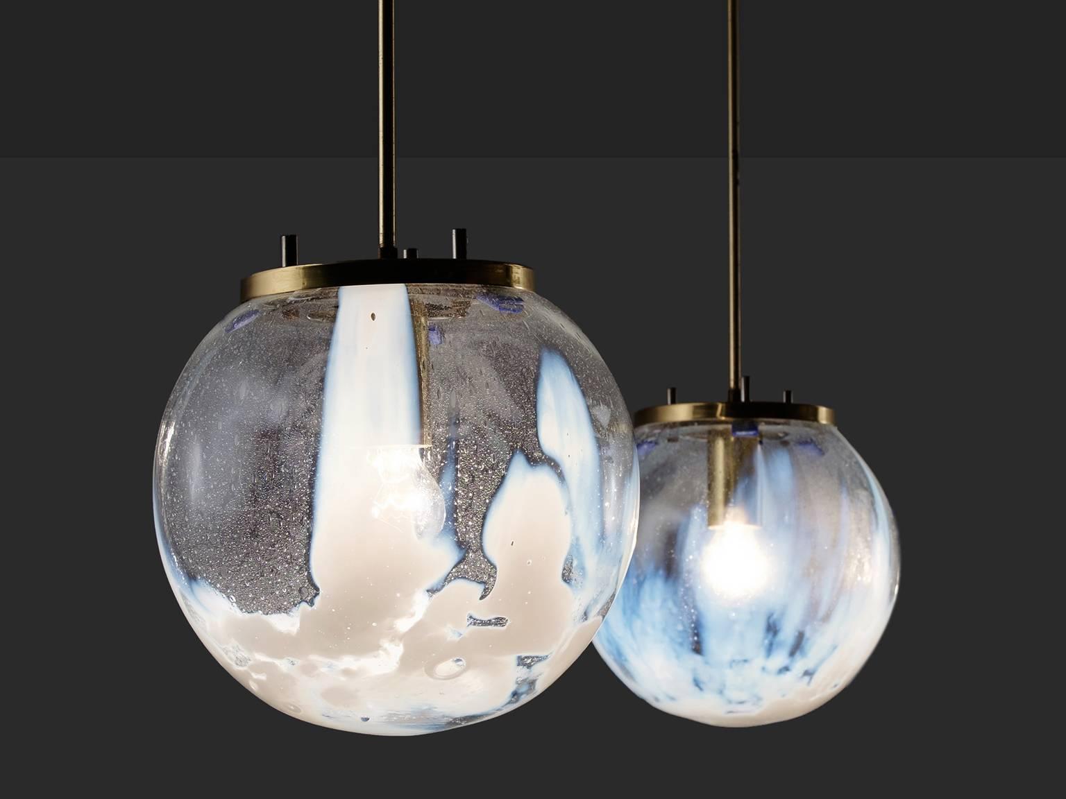 Mid-Century Modern Pair of Pendants in Glass and Brass, Italy, 1950s