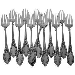 Soufflot Antique French All Sterling Silver Oyster Forks 12 Pc Louis XVI Pattern