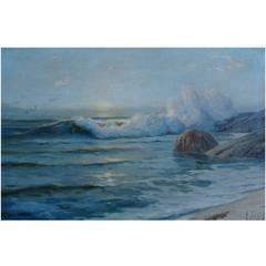 Vintage Angel Espoy “Seascape at Sunset, ” circa 1940, Oil on Canvas, Signed