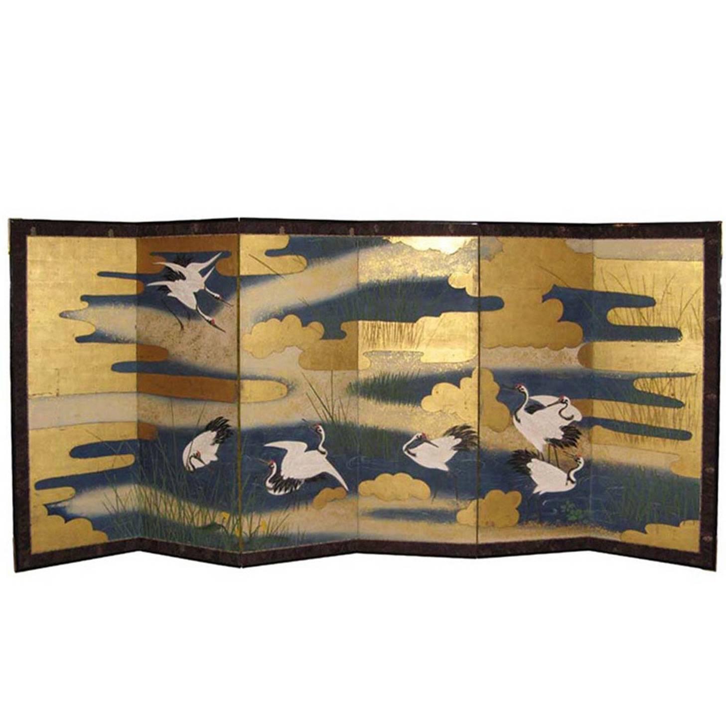 Japanese Kano School Six-Panel Folding Screen 
Byobu, 
 Meiji Period