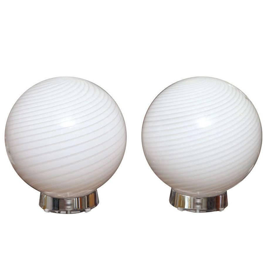 Extra Large Vetri Murano Glass and Thick Lucite Base Globe Table Lamps