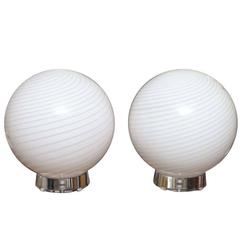 Retro Extra Large Vetri Murano Glass and Thick Lucite Base Globe Table Lamps