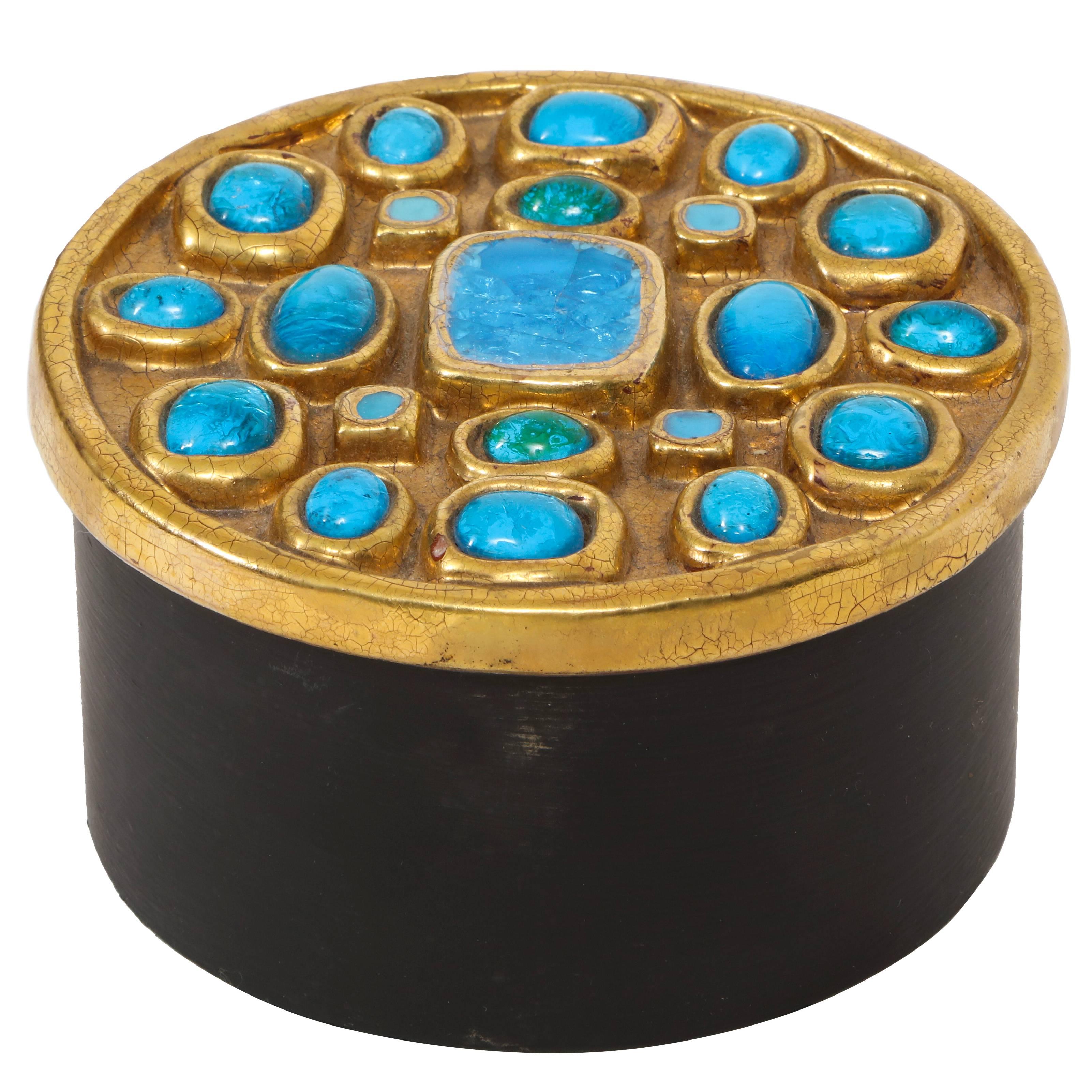 Lembo Attributed Ceramic Jewel Box Gold Enamel Blue Stones, France, 1960, 1970