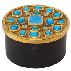 Boîte à bijoux en céramique attribuée à Lembo Émail doré Pierres bleues, France, 1960, 1970
