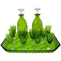 Antique 1900s St. Louis French Green Cut Crystal Liquor Set Decanter Cordials and Tray